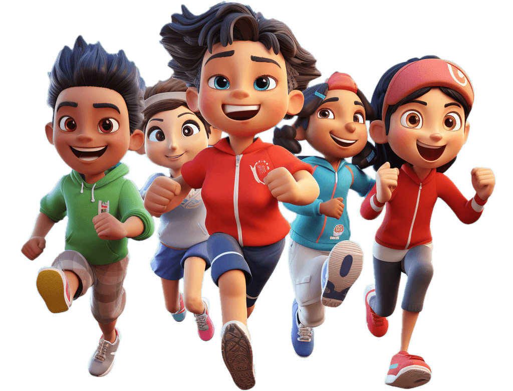 Happy 3d avatar runners running towards camera